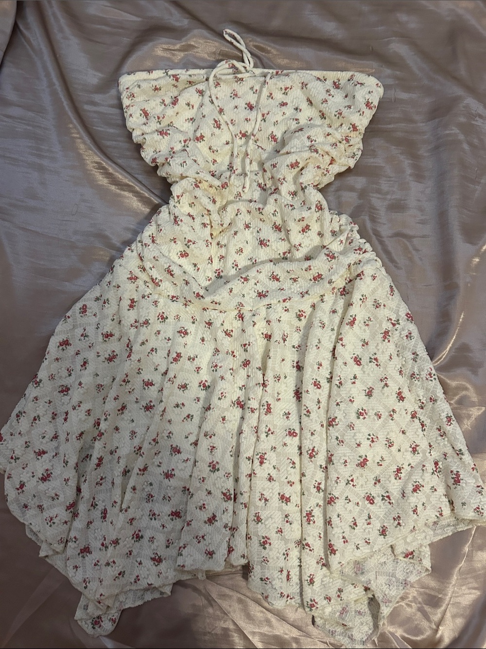 Cream Floral Strapless Sundress with Pink Rose Print